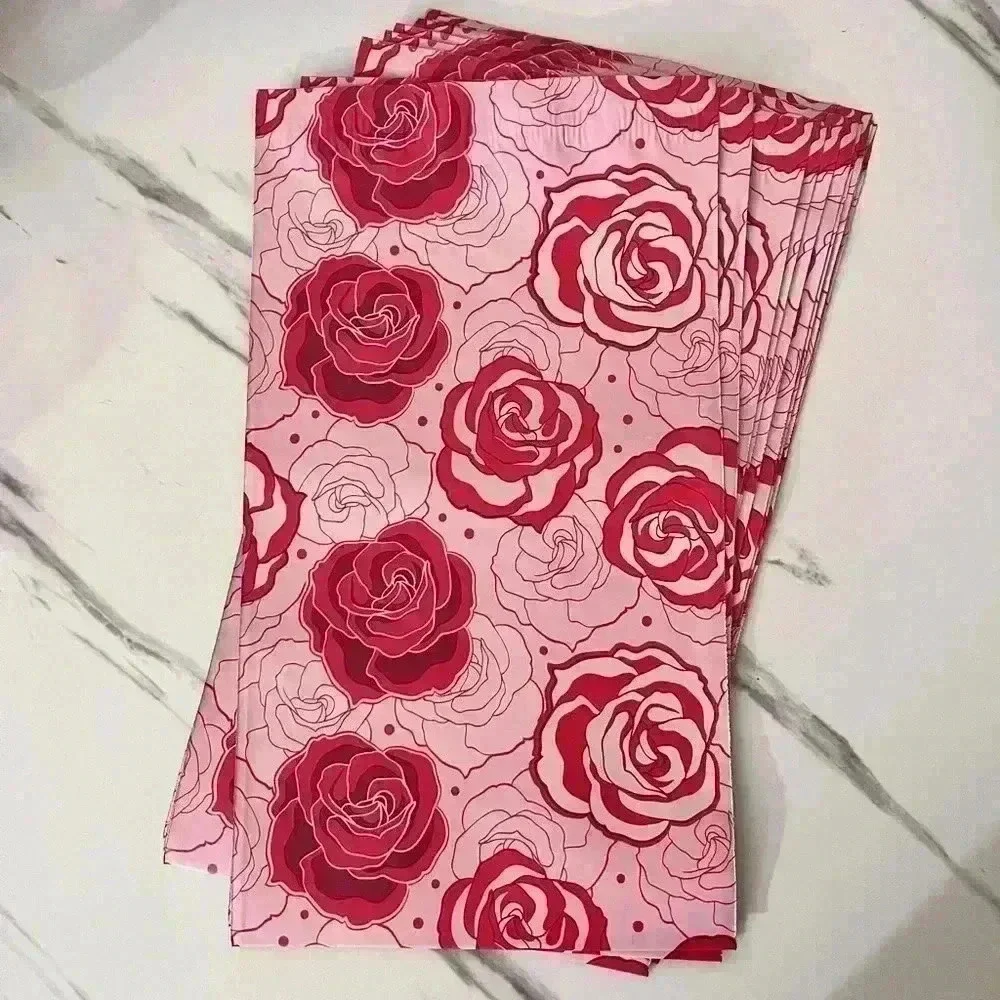10 6x9 self adhesive poly mailers red and pink florals throughout - Picture 4 of 4